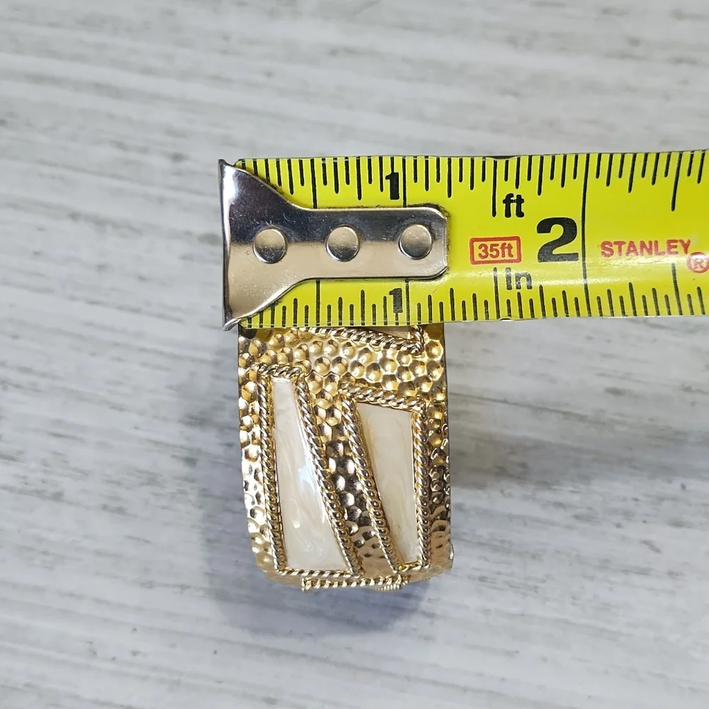Elegant Gold Tone and Creamy Pearl Colored Clamper Hinged Cuff Bracelet